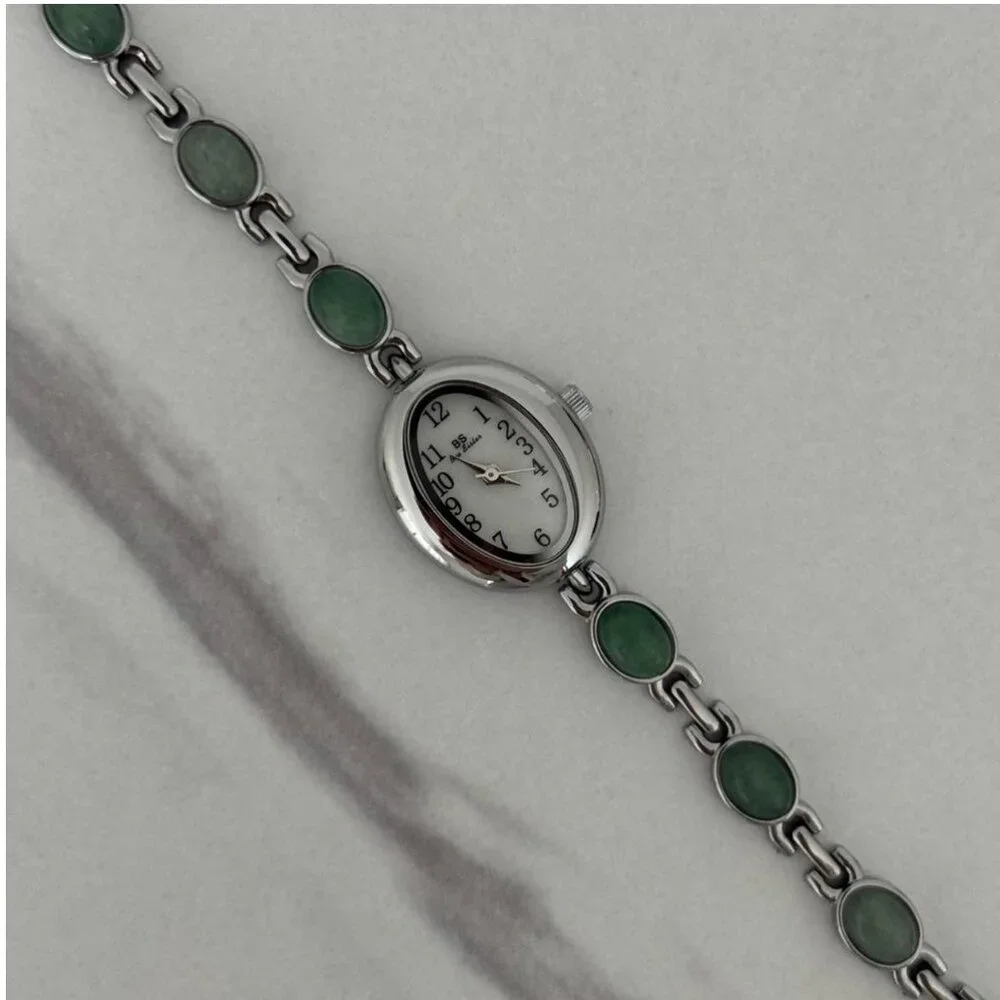 Sku0458 Retro Silver Green Gemstones Women Casual Oval Watch Bracelet + gift bag